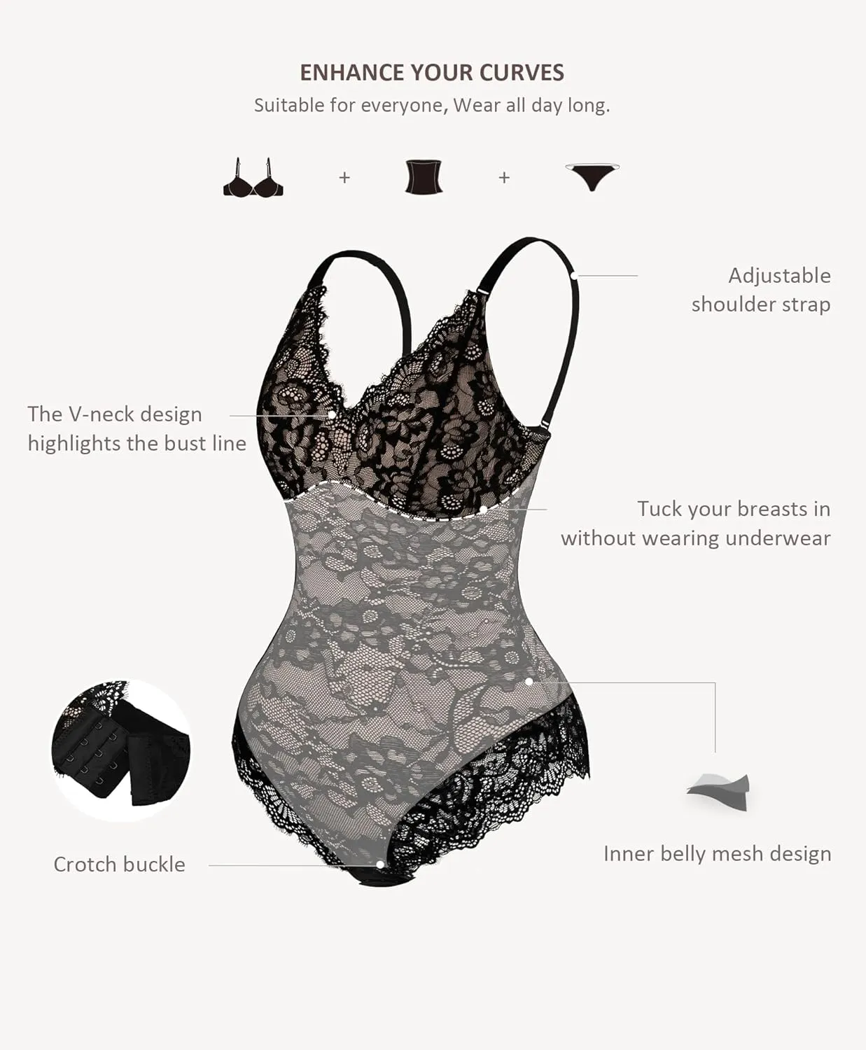 FeelinGirl Shapewear Bodysuits for Women Lace Shapewear Tummy Control V-Neck Sleeveless Bodysuit Tops Jumpsuit