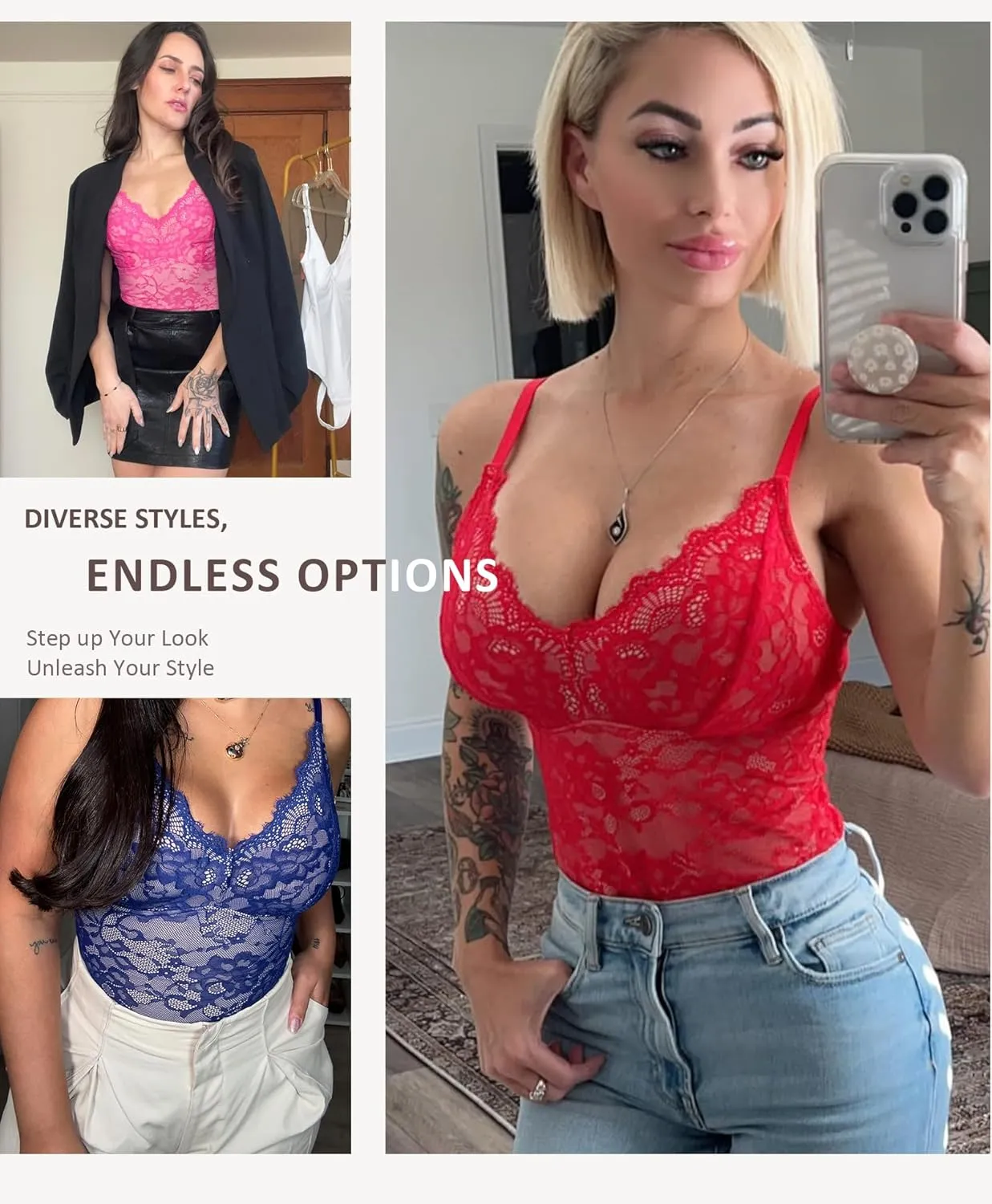 FeelinGirl Shapewear Bodysuits for Women Lace Shapewear Tummy Control V-Neck Sleeveless Bodysuit Tops Jumpsuit
