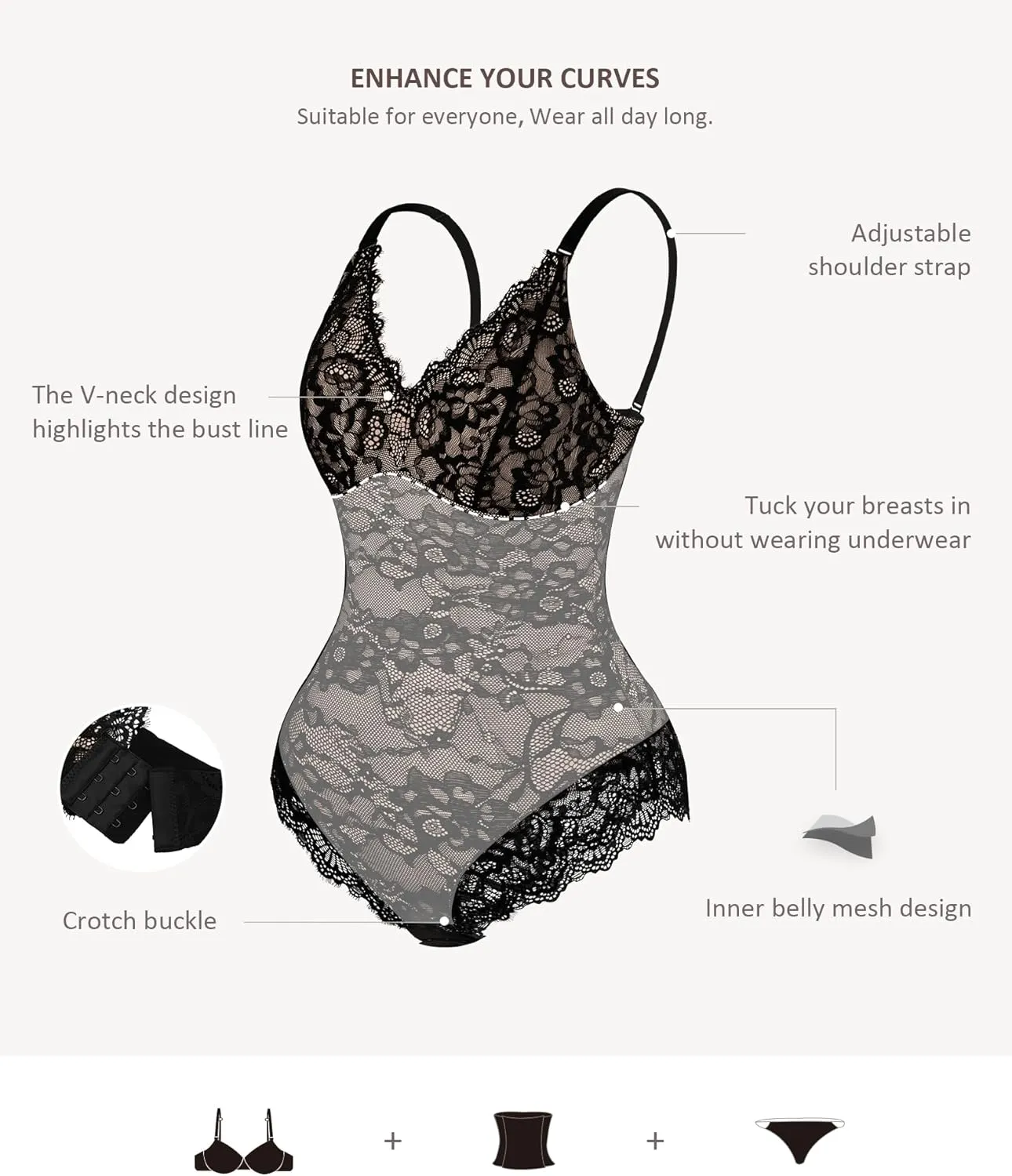FeelinGirl Shapewear Bodysuits for Women Lace Shapewear Tummy Control V-Neck Sleeveless Bodysuit Tops Jumpsuit