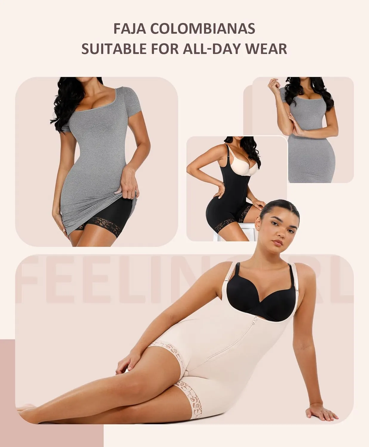 FeelinGirl Shapewear for Women Tummy Control Plus Size Faja Body Shaper for Butt Lifter and Thigh Slimmer Bodysuit