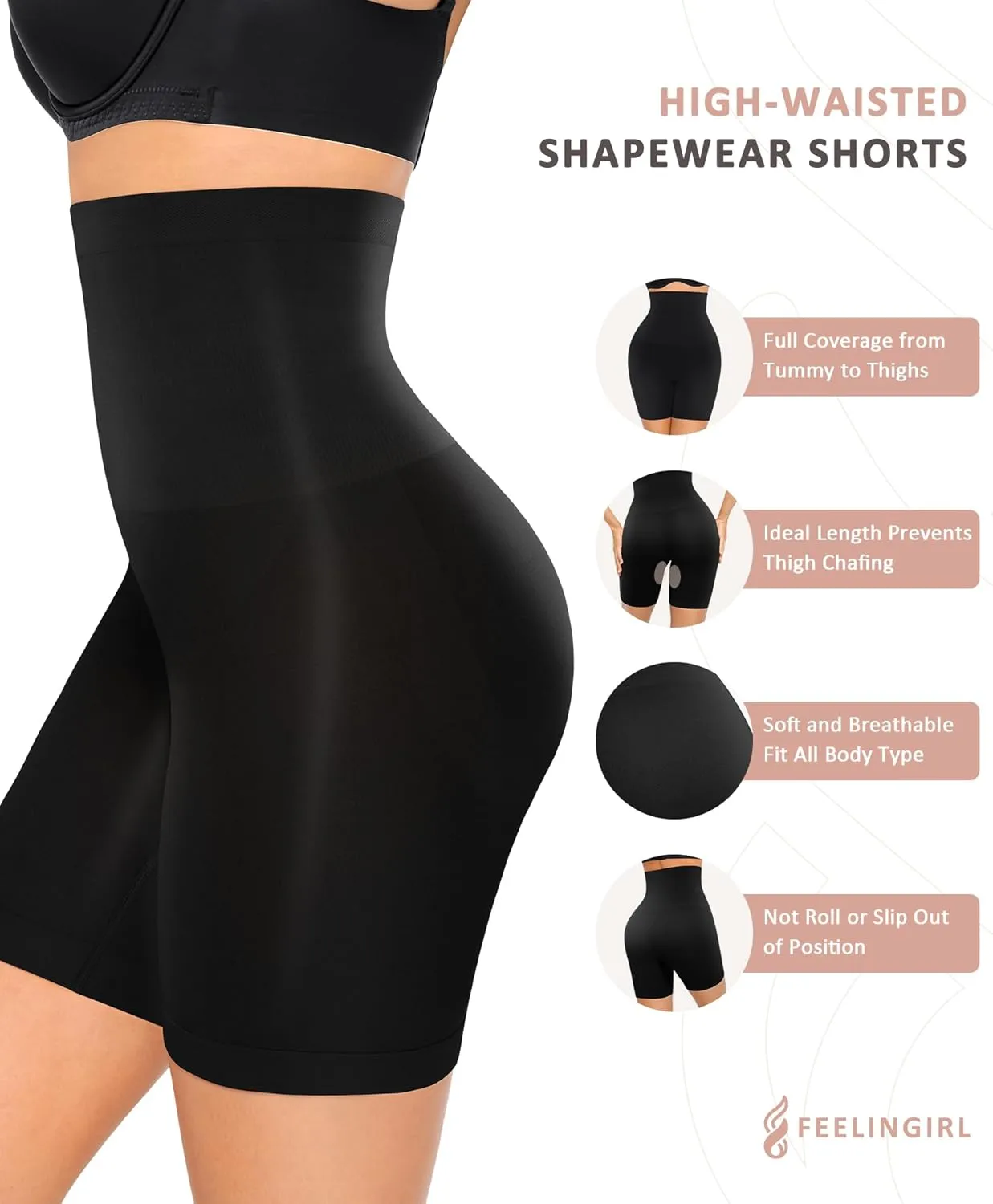 FeelinGirl Tummy Control Shapewear Shorts Body Shaper for Women High-Waisted Thigh Slimming