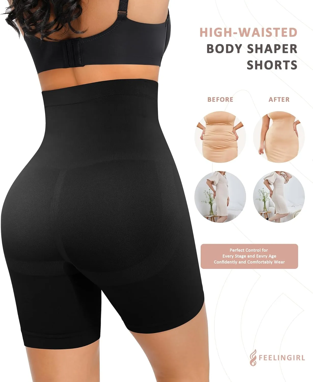 FeelinGirl Tummy Control Shapewear Shorts Body Shaper for Women High-Waisted Thigh Slimming