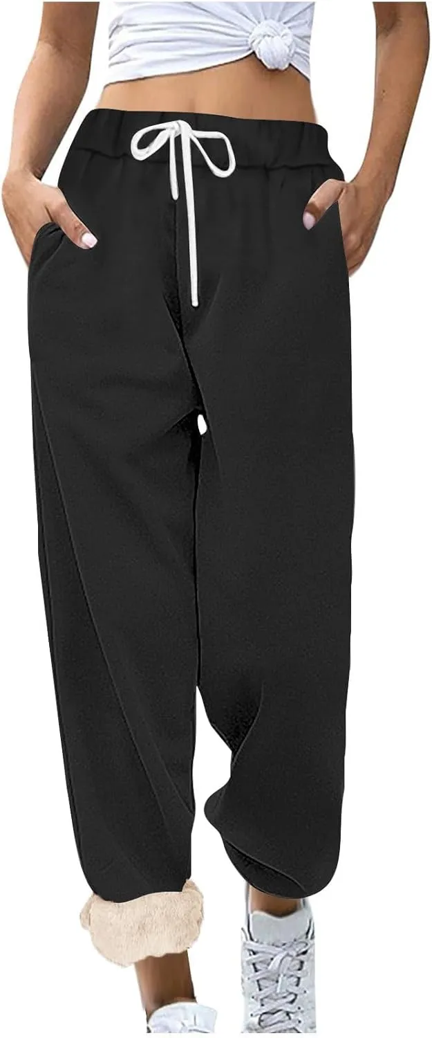 Fleece Lined Pants Women Warm Sherpa Lined Athletic Sweatpants 2024 Winter Warm High Waisted Thermal Thick Trousers