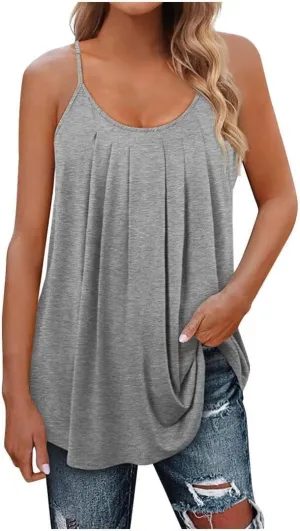 FMCHICO Tank Top for Women Pleated Spaghetti Strap Camisole Loose Fit Casual Sleeveless Flowy Basic Tops