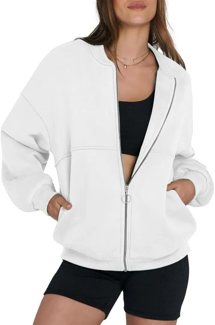 FMCHICO Women's Oversized Full Zip Up Sweatshirts Jacket 2024 Fall Fleece Long Sleeve Hoodies Outfit
