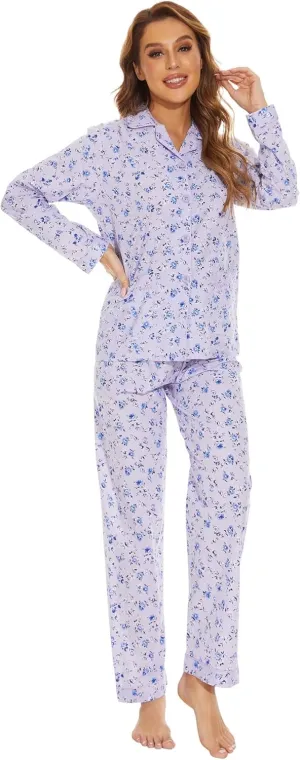 GLOBAL Women's 100% Cotton Pajama Set|Long-Sleeved with Pants PJs |Button Down Front Top&Drawstring Waist Bottom Nightwear