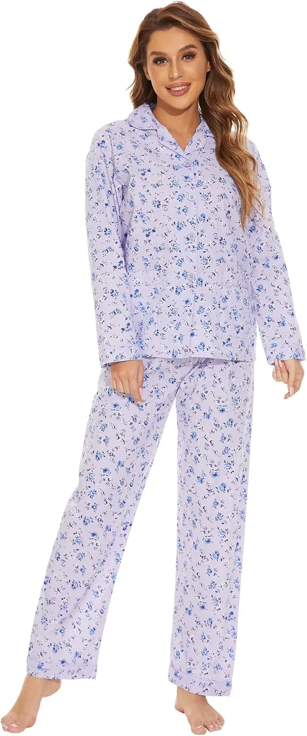 GLOBAL Women's 100% Cotton Pajama Set|Long-Sleeved with Pants PJs |Button Down Front Top&Drawstring Waist Bottom Nightwear
