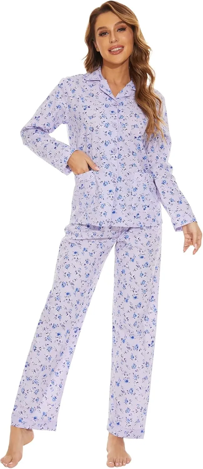 GLOBAL Women's 100% Cotton Pajama Set|Long-Sleeved with Pants PJs |Button Down Front Top&Drawstring Waist Bottom Nightwear