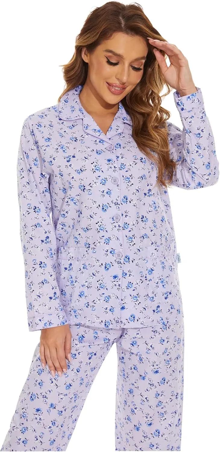GLOBAL Women's 100% Cotton Pajama Set|Long-Sleeved with Pants PJs |Button Down Front Top&Drawstring Waist Bottom Nightwear