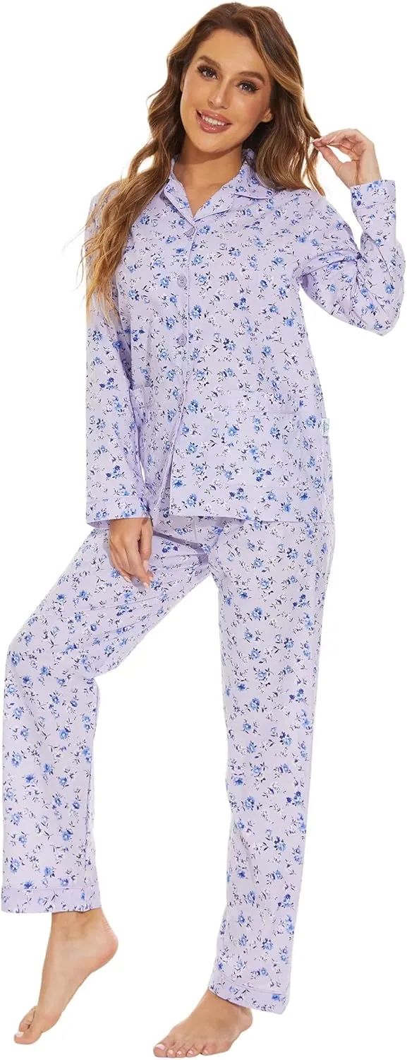 GLOBAL Women's 100% Cotton Pajama Set|Long-Sleeved with Pants PJs |Button Down Front Top&Drawstring Waist Bottom Nightwear
