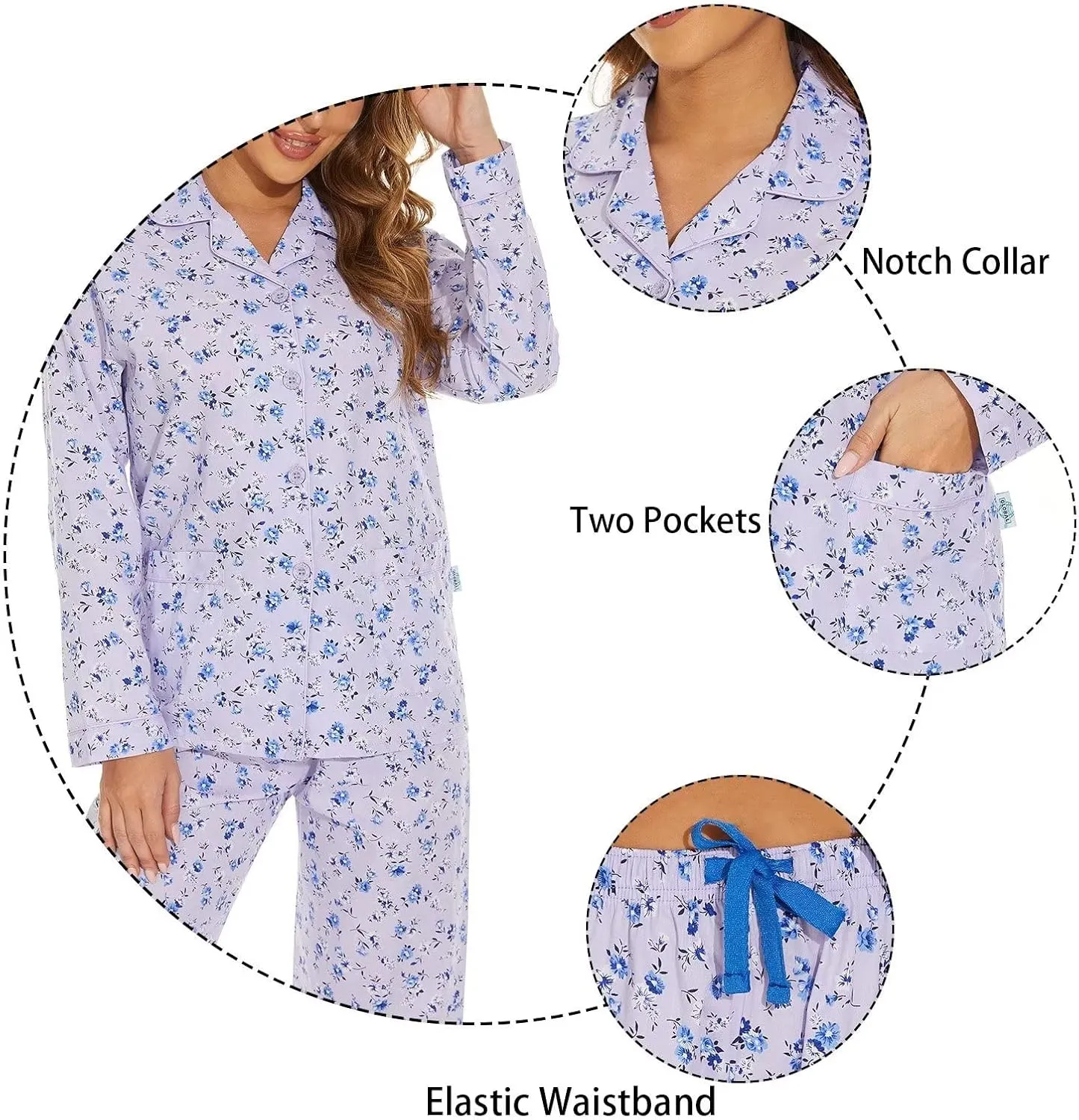 GLOBAL Women's 100% Cotton Pajama Set|Long-Sleeved with Pants PJs |Button Down Front Top&Drawstring Waist Bottom Nightwear