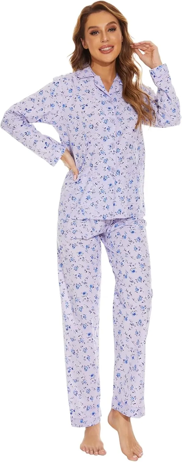 GLOBAL Women's 100% Cotton Pajama Set|Long-Sleeved with Pants PJs |Button Down Front Top&Drawstring Waist Bottom Nightwear