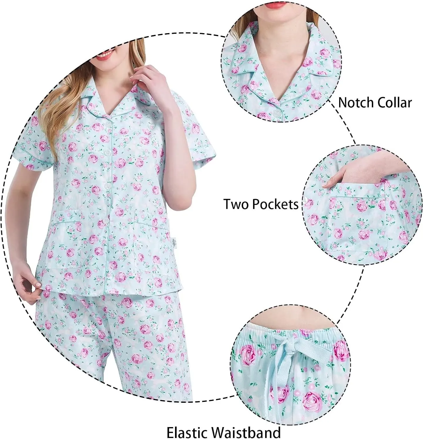 GLOBAL Women's 100% Cotton Pajama Set|Short-Sleeved with Pants PJs |Button Down Front Top&Drawstring Waist Bottom Nightwear