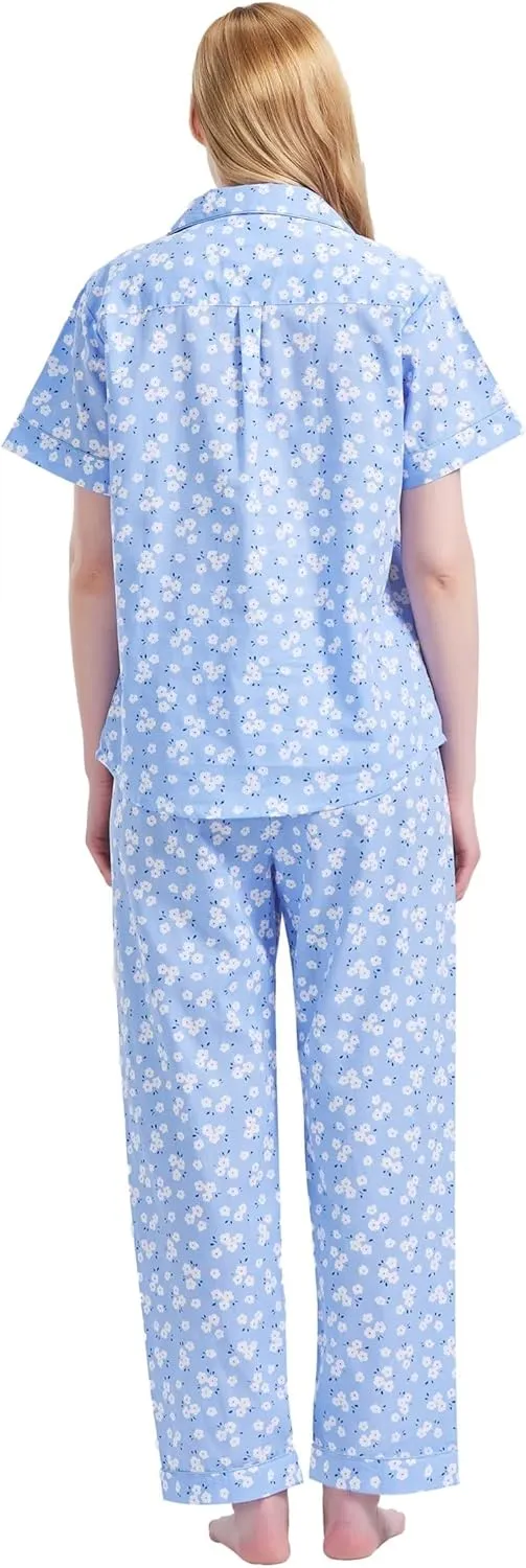 GLOBAL Women's 100% Cotton Pajama Set|Short-Sleeved with Pants PJs |Button Down Front Top&Drawstring Waist Bottom Nightwear