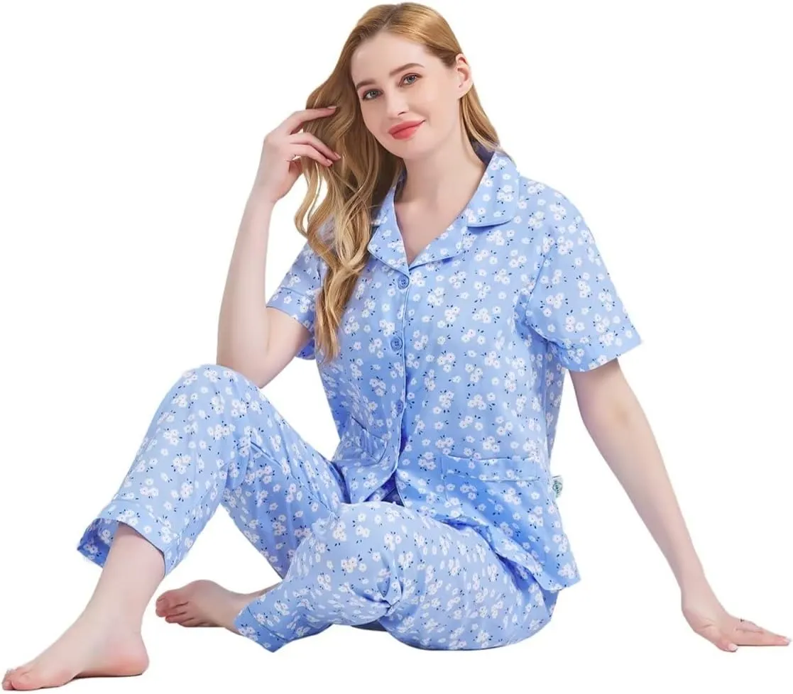 GLOBAL Women's 100% Cotton Pajama Set|Short-Sleeved with Pants PJs |Button Down Front Top&Drawstring Waist Bottom Nightwear