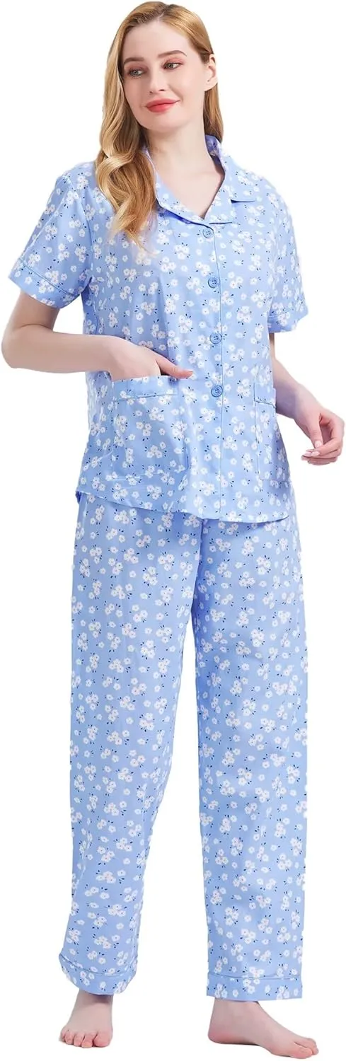 GLOBAL Women's 100% Cotton Pajama Set|Short-Sleeved with Pants PJs |Button Down Front Top&Drawstring Waist Bottom Nightwear