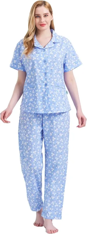 GLOBAL Women's 100% Cotton Pajama Set|Short-Sleeved with Pants PJs |Button Down Front Top&Drawstring Waist Bottom Nightwear