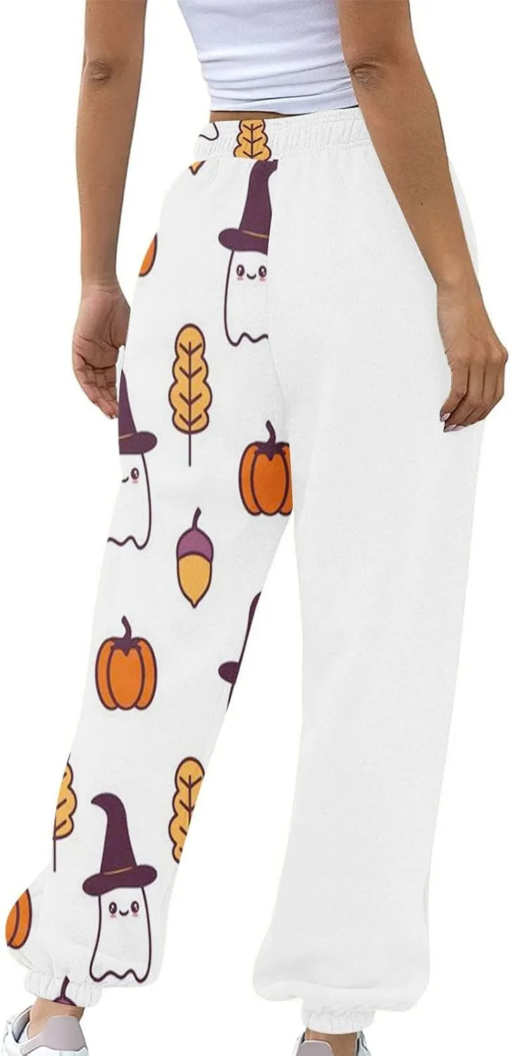 Halloween Sweatpants for Women Funny Ghost Print Workout Joggers Pants Drawstring Lounge Bottoms Pants with Pockets