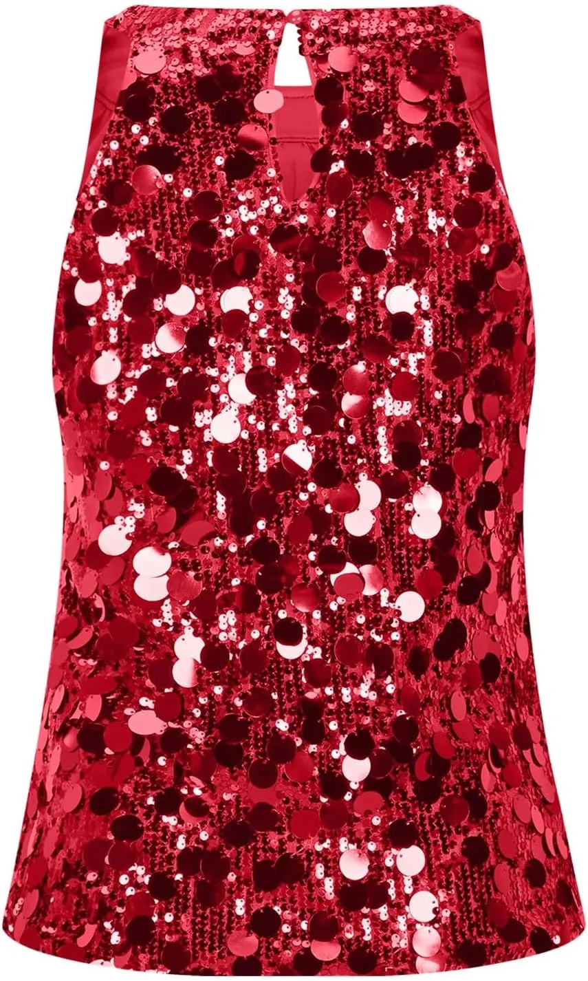 Halter Sequin Tank Top for Women Sleeveless Sparkly Glitter Club Outfit Keyhole Back Flowy Shiny Party Concert Shirt