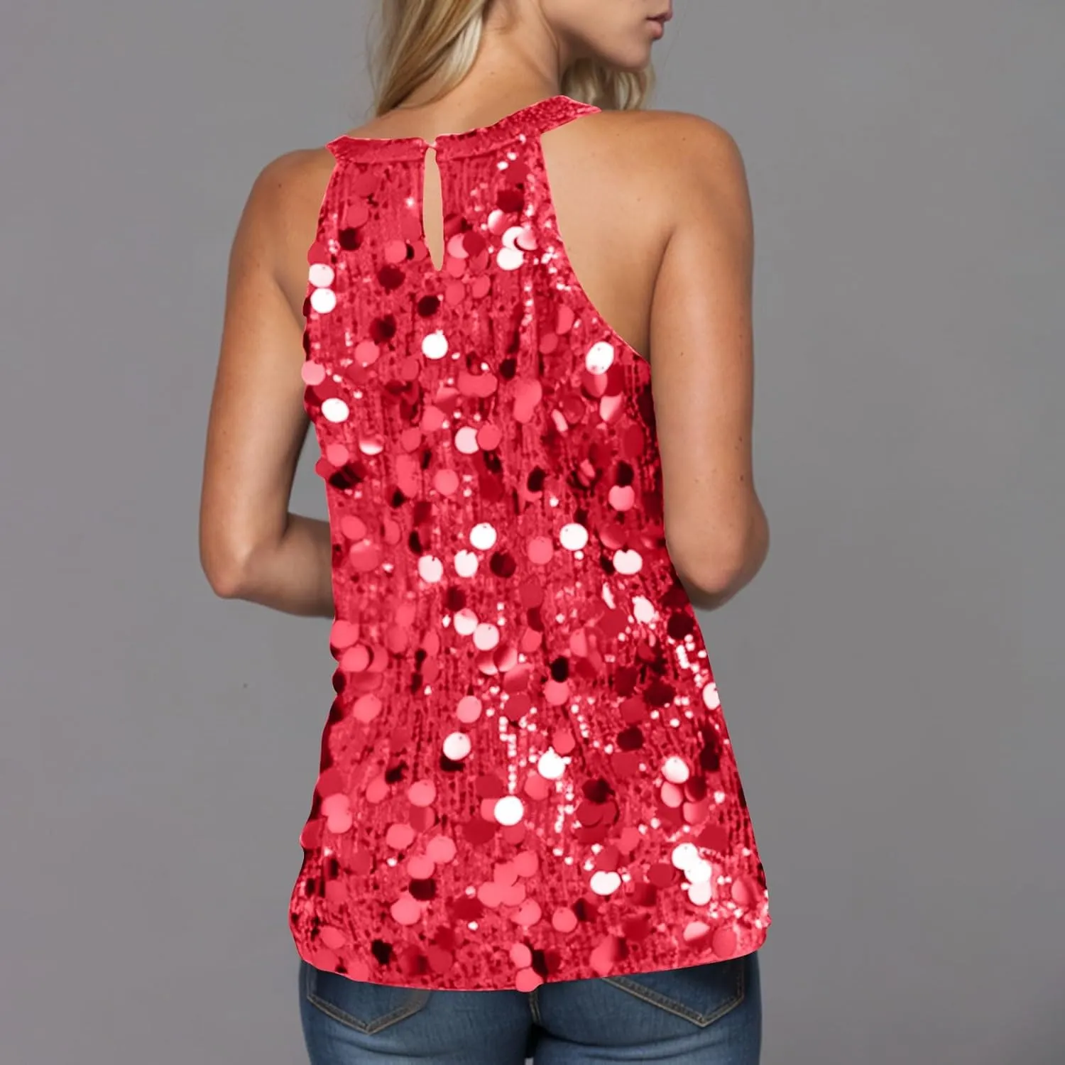 Halter Sequin Tank Top for Women Sleeveless Sparkly Glitter Club Outfit Keyhole Back Flowy Shiny Party Concert Shirt