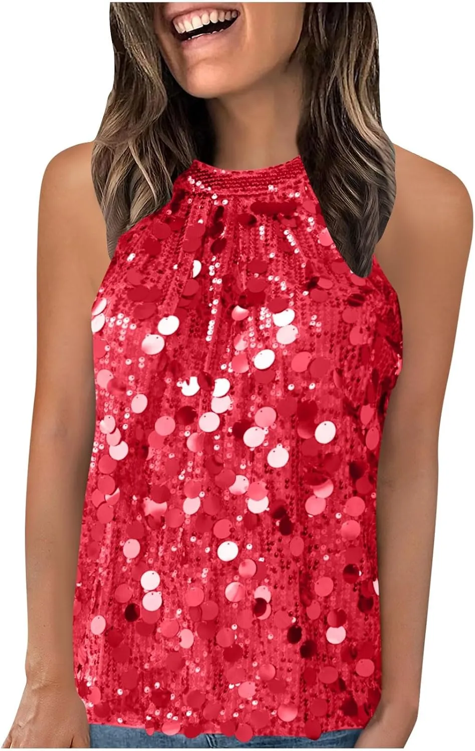Halter Sequin Tank Top for Women Sleeveless Sparkly Glitter Club Outfit Keyhole Back Flowy Shiny Party Concert Shirt