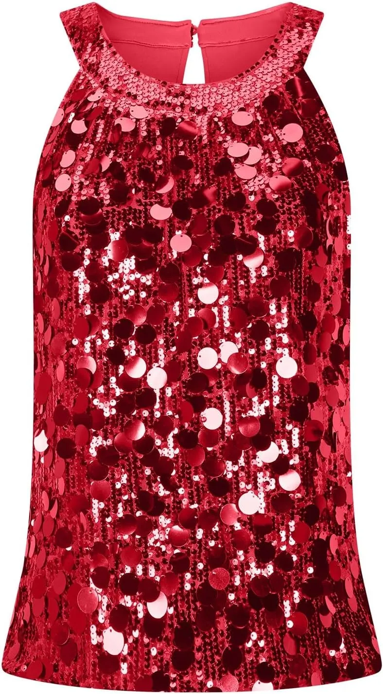 Halter Sequin Tank Top for Women Sleeveless Sparkly Glitter Club Outfit Keyhole Back Flowy Shiny Party Concert Shirt
