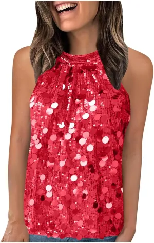 Halter Sequin Tank Top for Women Sleeveless Sparkly Glitter Club Outfit Keyhole Back Flowy Shiny Party Concert Shirt