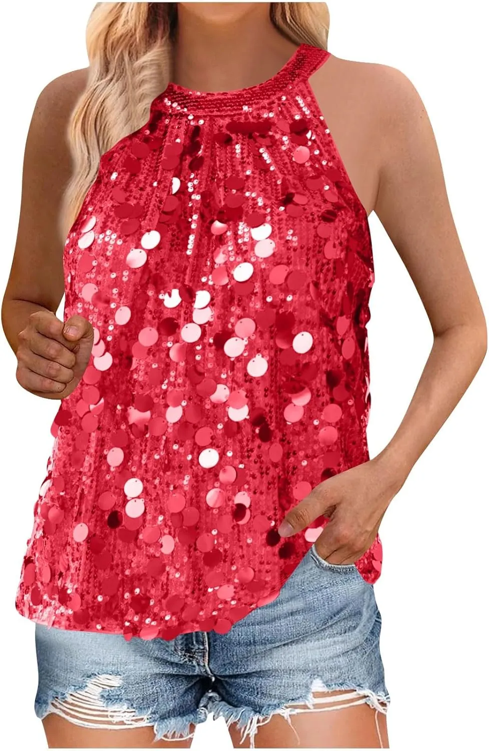 Halter Sequin Tank Top for Women Sleeveless Sparkly Glitter Club Outfit Keyhole Back Flowy Shiny Party Concert Shirt