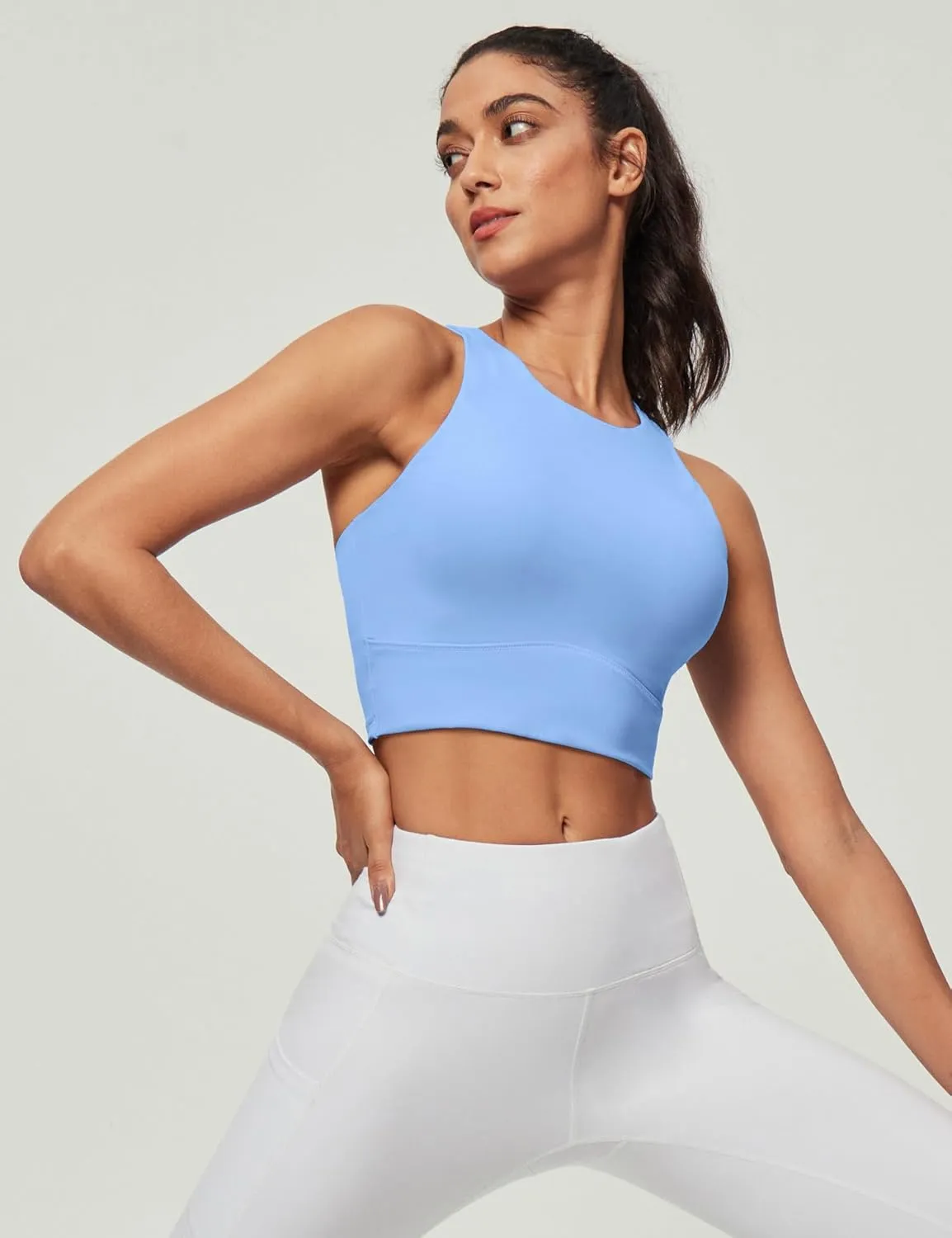 Heathyoga Longline Sports Bras for Women High Neck Tank Tops with Built in Bras Workout Tops for Women Racerback Yoga Bra