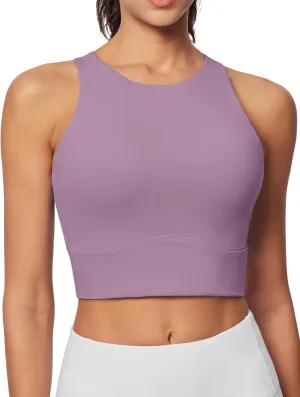 Heathyoga Longline Sports Bras for Women High Neck Tank Tops with Built in Bras Workout Tops for Women Racerback Yoga Bra
