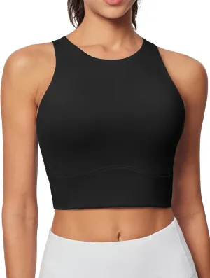 Heathyoga Longline Sports Bras for Women High Neck Tank Tops with Built in Bras Workout Tops for Women Racerback Yoga Bra