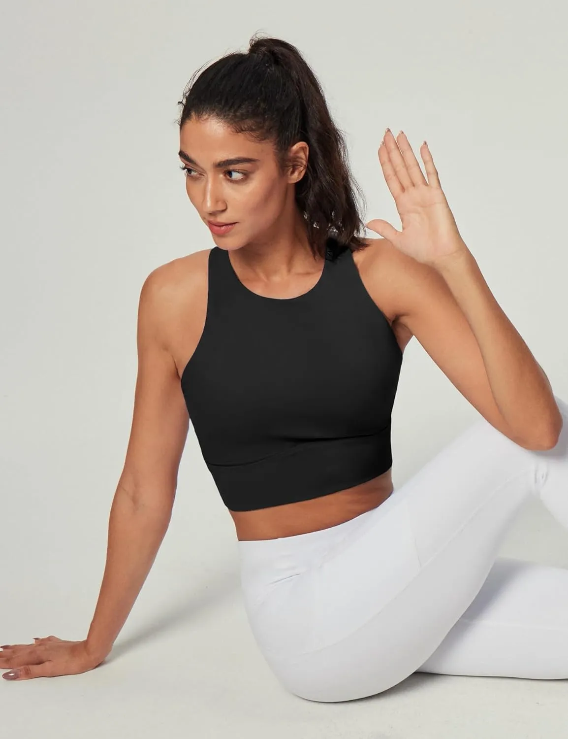 Heathyoga Longline Sports Bras for Women High Neck Tank Tops with Built in Bras Workout Tops for Women Racerback Yoga Bra