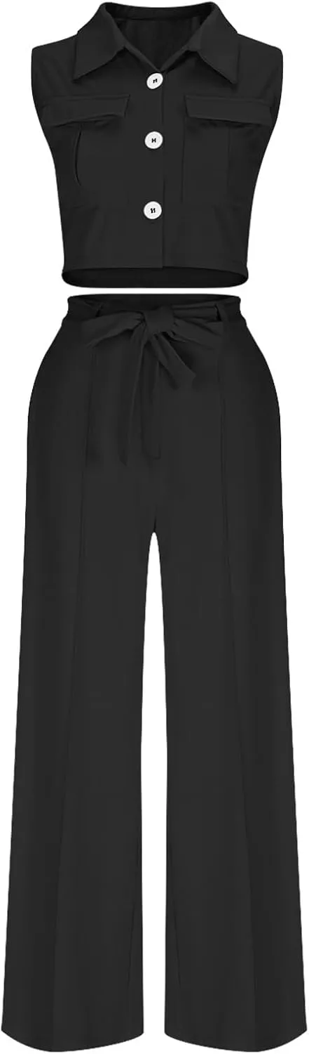 HGps8w 2 Piece Sets for Women Summer 2025 Dressy V Neck Lapel Crop Blazer Vest Matching Wide Leg Pants Business Outfits