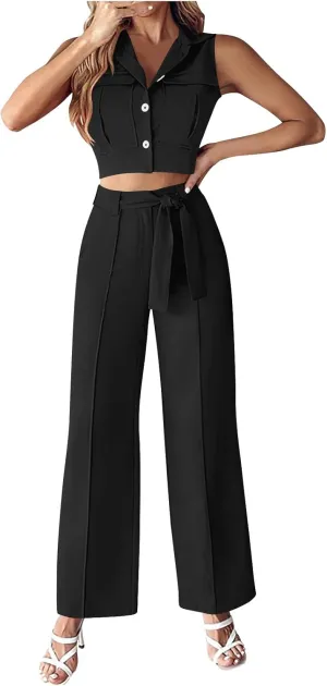 HGps8w 2 Piece Sets for Women Summer 2025 Dressy V Neck Lapel Crop Blazer Vest Matching Wide Leg Pants Business Outfits