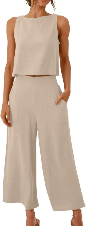 HGps8w Cotton Linen 2 Piece Sets for Women Summer 2025 Loose Crop Tank Top Matching Wide Leg Pants Lounge Vacation Outfits