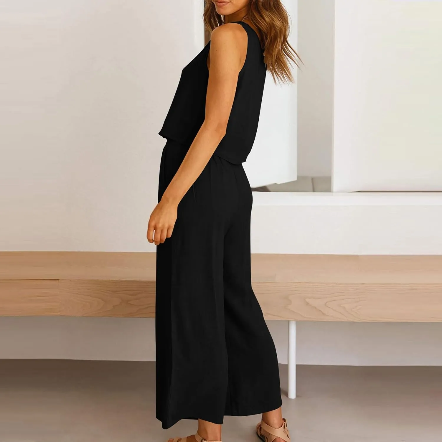 HGps8w Cotton Linen 2 Piece Sets for Women Summer 2025 Loose Crop Tank Top Matching Wide Leg Pants Lounge Vacation Outfits