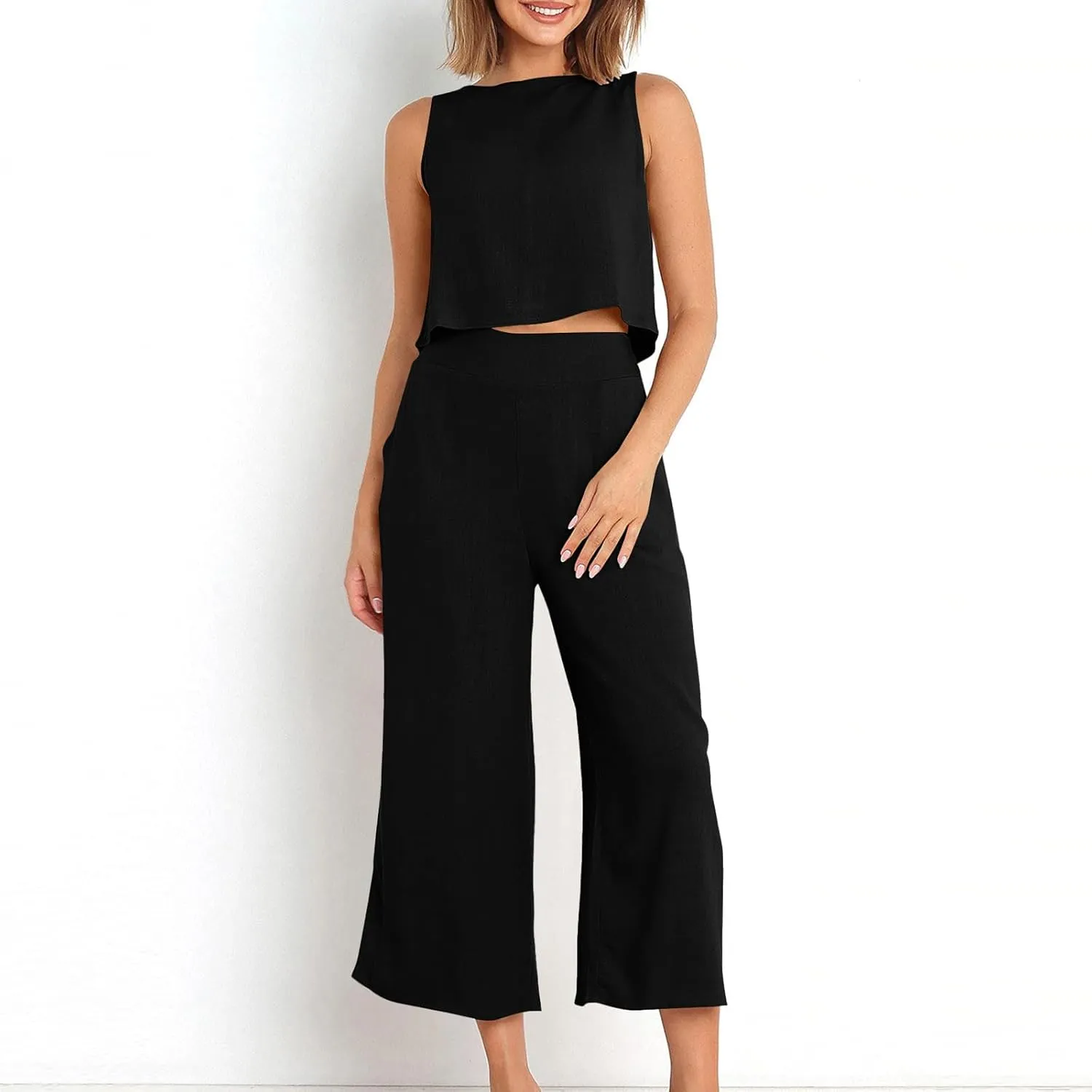 HGps8w Cotton Linen 2 Piece Sets for Women Summer 2025 Loose Crop Tank Top Matching Wide Leg Pants Lounge Vacation Outfits