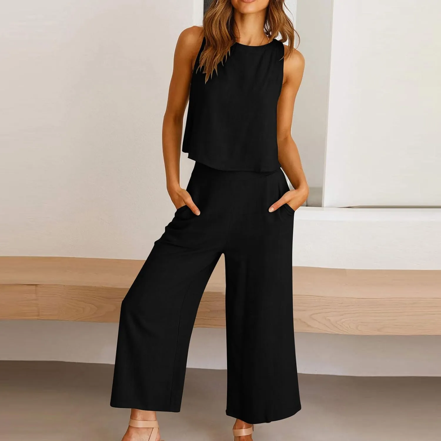 HGps8w Cotton Linen 2 Piece Sets for Women Summer 2025 Loose Crop Tank Top Matching Wide Leg Pants Lounge Vacation Outfits