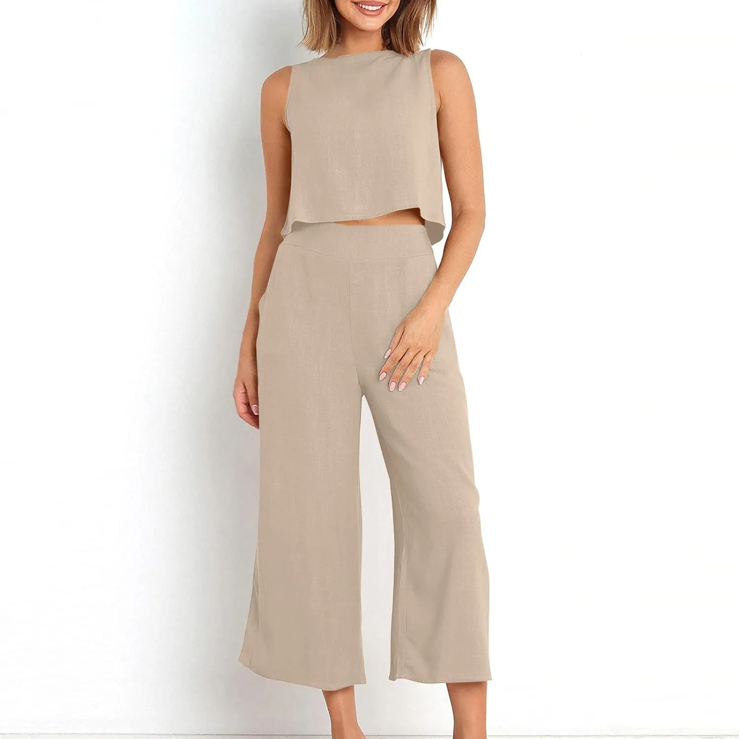 HGps8w Cotton Linen 2 Piece Sets for Women Summer 2025 Loose Crop Tank Top Matching Wide Leg Pants Lounge Vacation Outfits