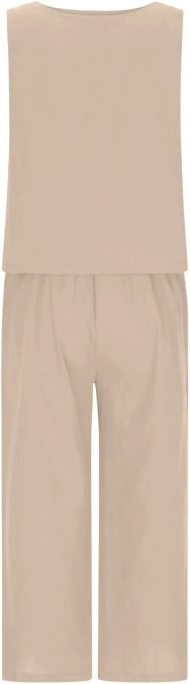 HGps8w Cotton Linen 2 Piece Sets for Women Summer 2025 Loose Crop Tank Top Matching Wide Leg Pants Lounge Vacation Outfits
