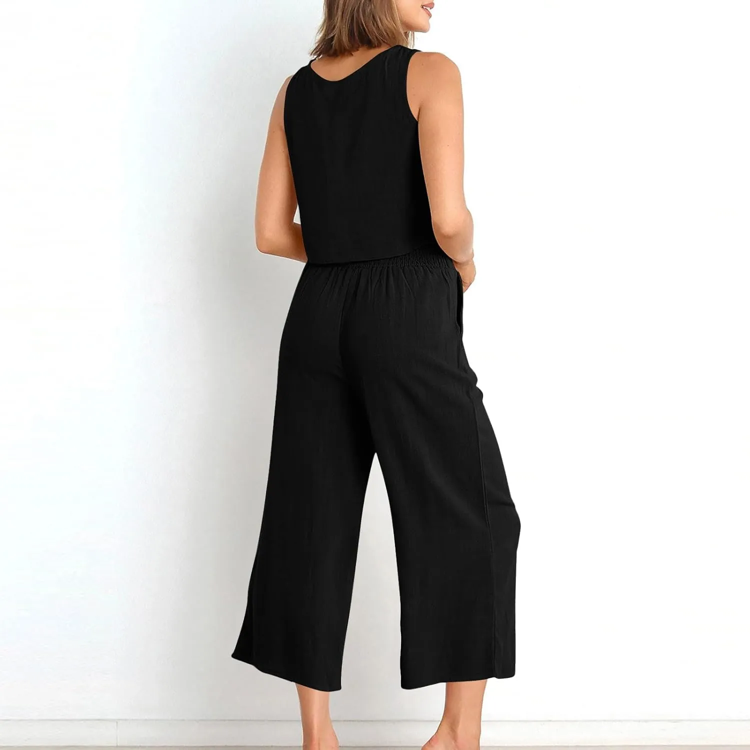 HGps8w Cotton Linen 2 Piece Sets for Women Summer 2025 Loose Crop Tank Top Matching Wide Leg Pants Lounge Vacation Outfits