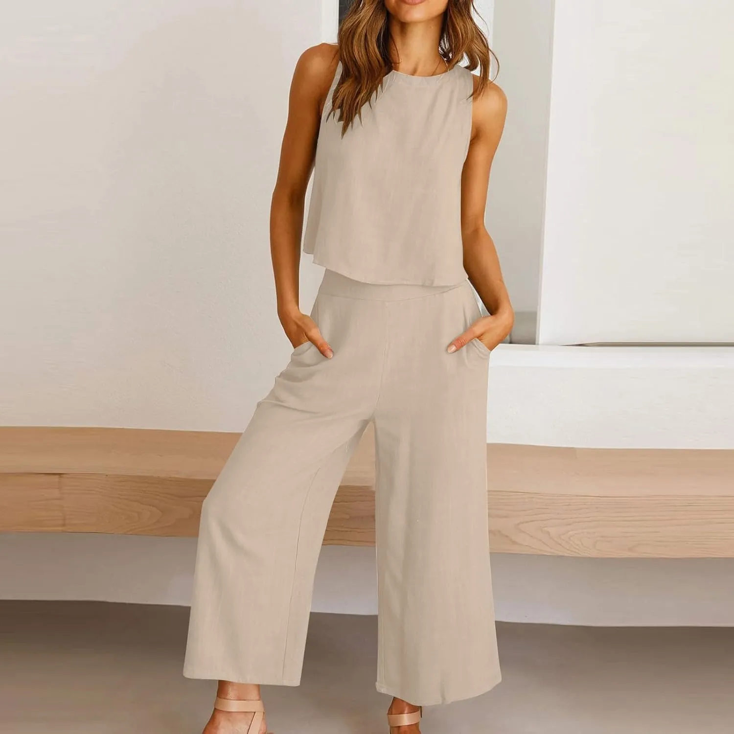 HGps8w Cotton Linen 2 Piece Sets for Women Summer 2025 Loose Crop Tank Top Matching Wide Leg Pants Lounge Vacation Outfits