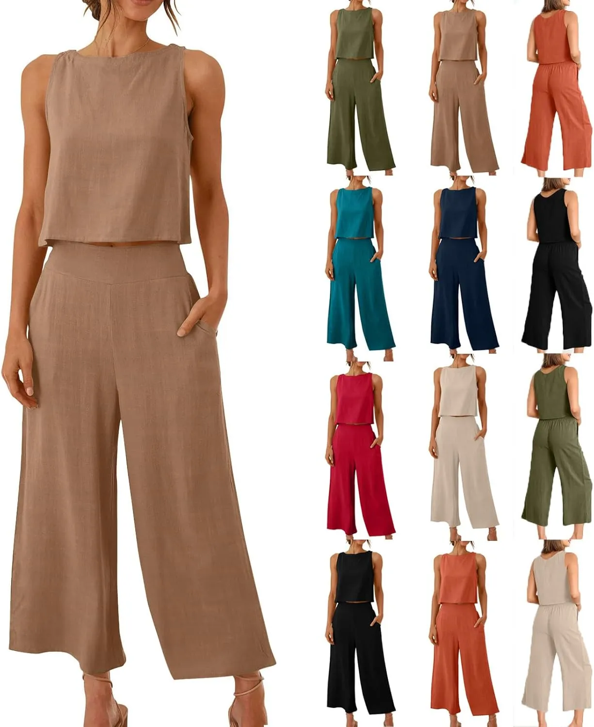 HGps8w Cotton Linen 2 Piece Sets for Women Summer 2025 Loose Crop Tank Top Matching Wide Leg Pants Lounge Vacation Outfits
