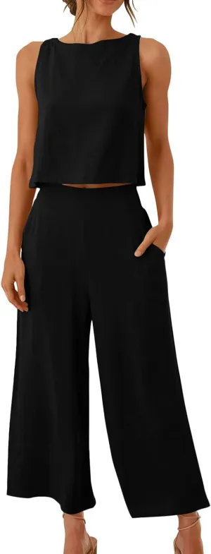 HGps8w Cotton Linen 2 Piece Sets for Women Summer 2025 Loose Crop Tank Top Matching Wide Leg Pants Lounge Vacation Outfits
