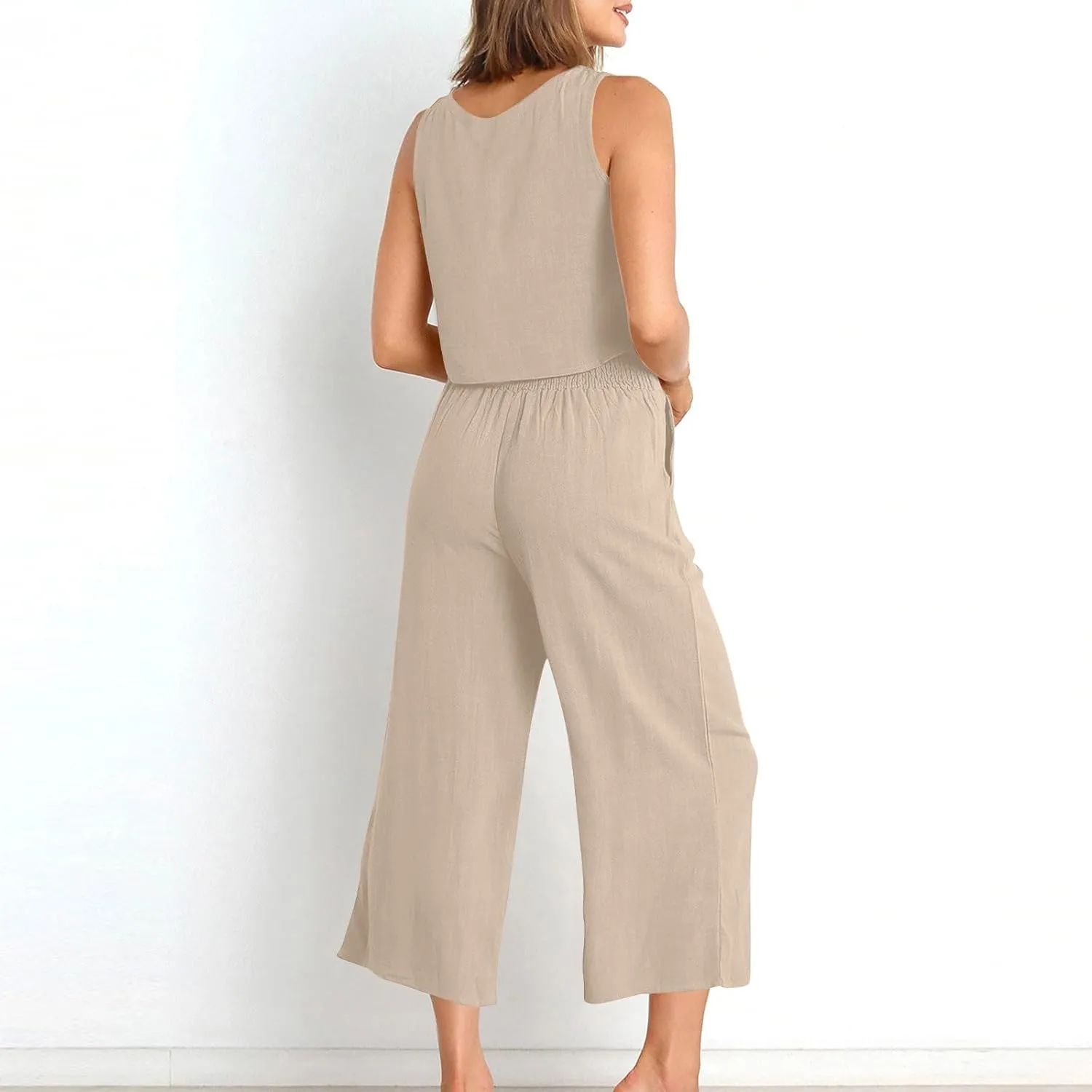 HGps8w Cotton Linen 2 Piece Sets for Women Summer 2025 Loose Crop Tank Top Matching Wide Leg Pants Lounge Vacation Outfits