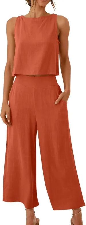 HGps8w Cotton Linen 2 Piece Sets for Women Summer 2025 Loose Crop Tank Top Matching Wide Leg Pants Lounge Vacation Outfits