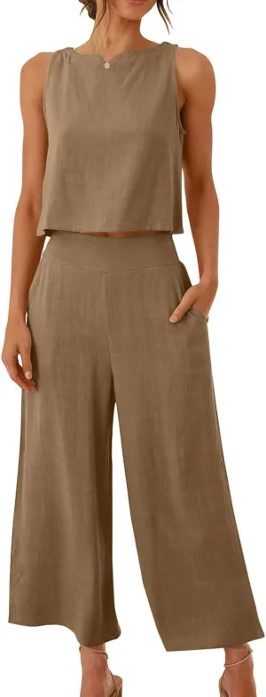 HGps8w Linen 2 Piece Sets for Women Summer 2025 Loose Crop Tank Top Loungewear Matching Wide Leg Pants Travel Outfits