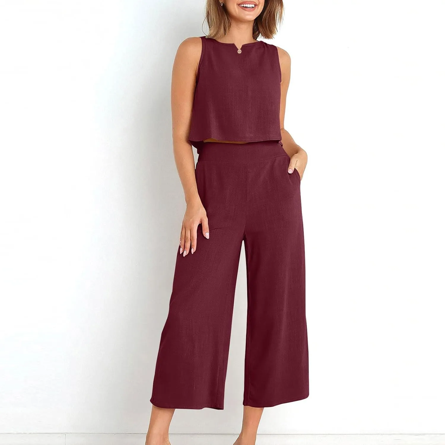 HGps8w Linen 2 Piece Sets for Women Summer 2025 Loose Crop Tank Top Loungewear Matching Wide Leg Pants Travel Outfits