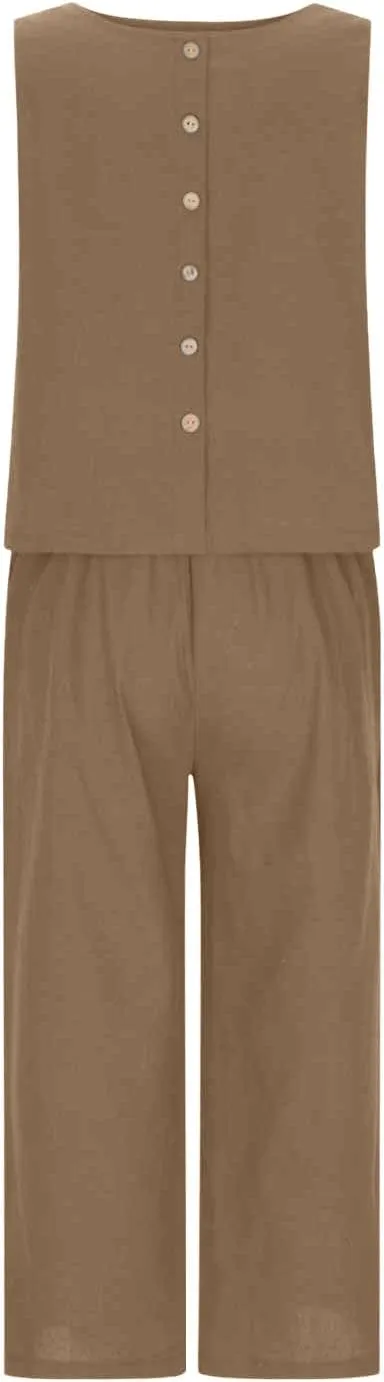 HGps8w Linen 2 Piece Sets for Women Summer 2025 Loose Crop Tank Top Loungewear Matching Wide Leg Pants Travel Outfits