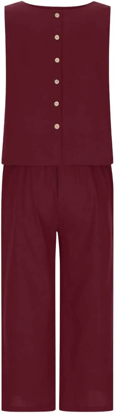 HGps8w Linen 2 Piece Sets for Women Summer 2025 Loose Crop Tank Top Loungewear Matching Wide Leg Pants Travel Outfits